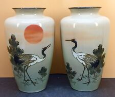 Pair Japanese Silver Wire & Wireleless Cloisone Vases w/Cranes by Gondo Hirosuke